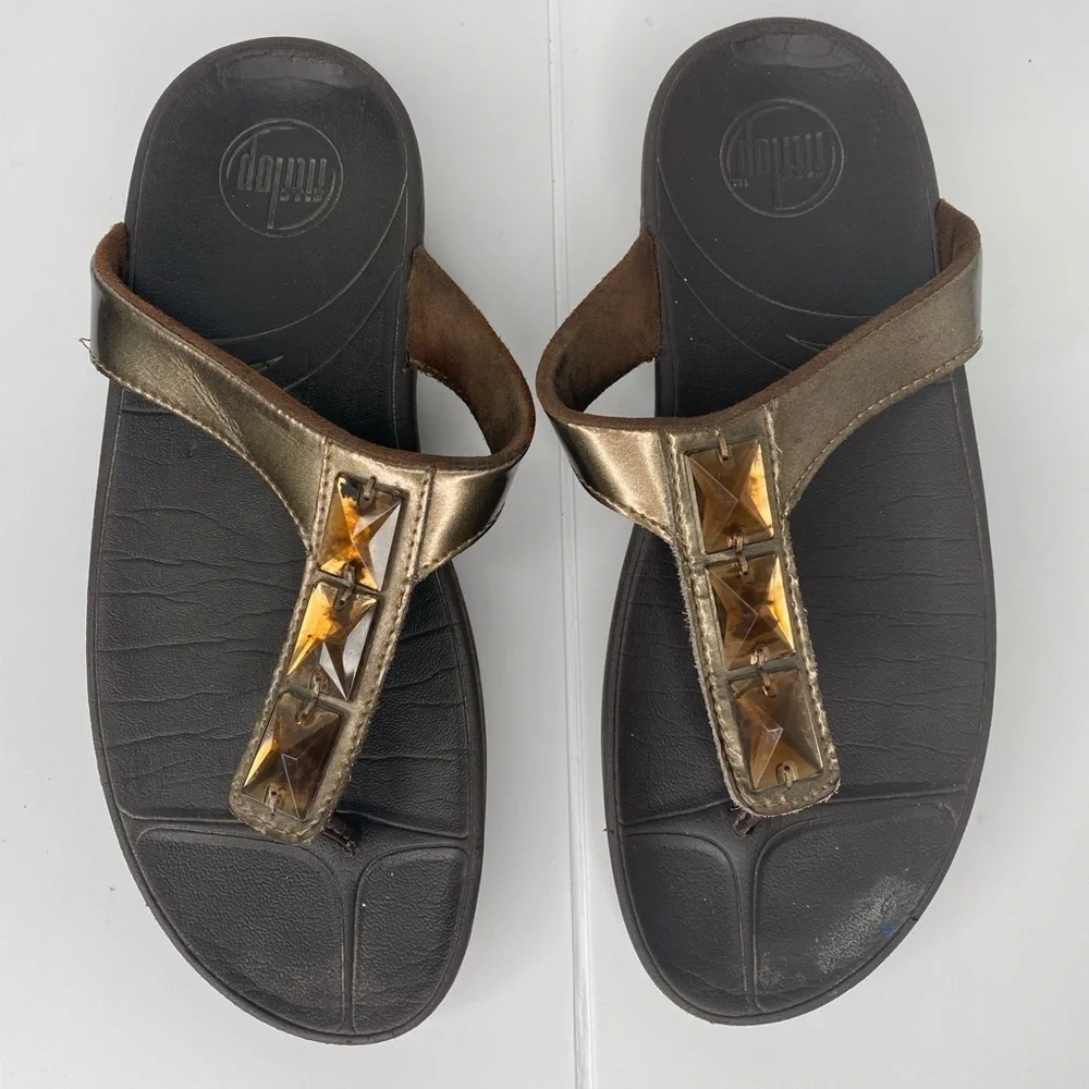 FITFLOP Pietra Bronze Rhinestone Comfort Platform Women's Wedge Sandals AS IS